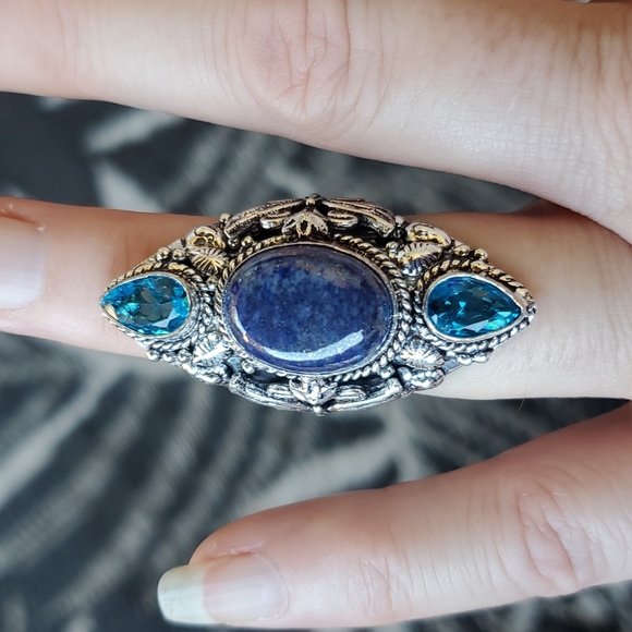 New Lapis Lazuli & Blue Topaz 925 Silver Butterflies Statement Ring. - Picture 4 of 14
